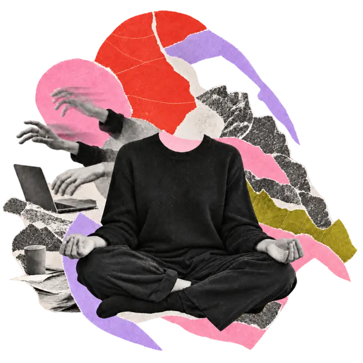 Paper collage of a person seated in meditation amid domestic movement and colour