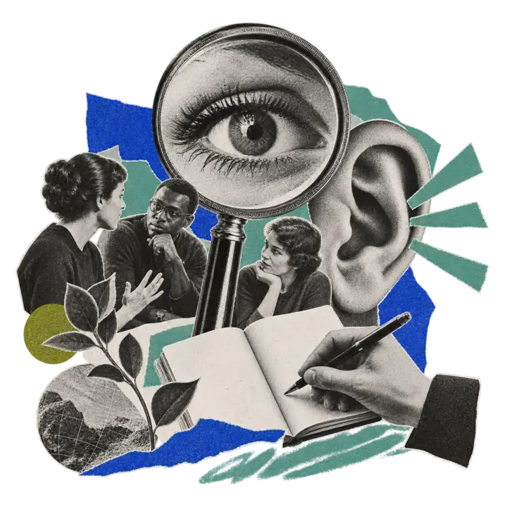 Black-and-white collage of research tools including a magnifying glass, book and listening ear