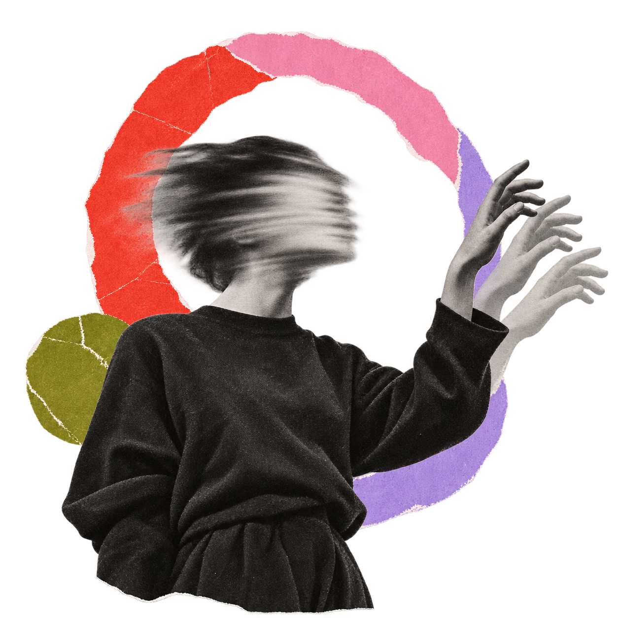 Paper collage of a figure moving through colour and blur