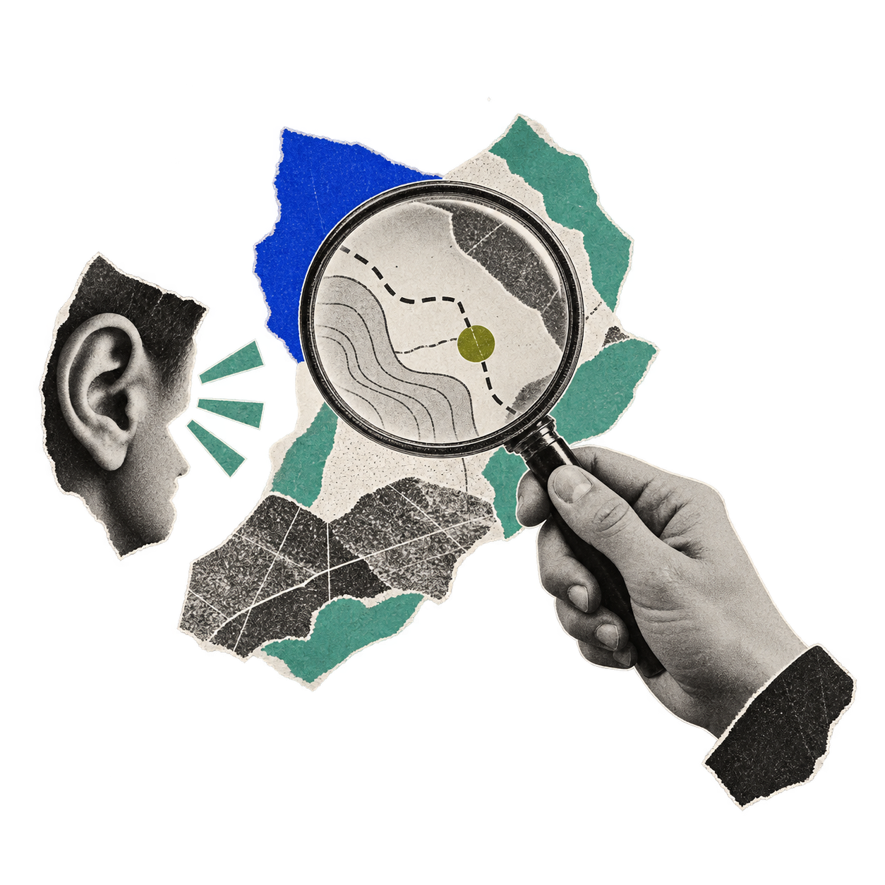 Paper collage of a magnifying glass, map and listening profile
